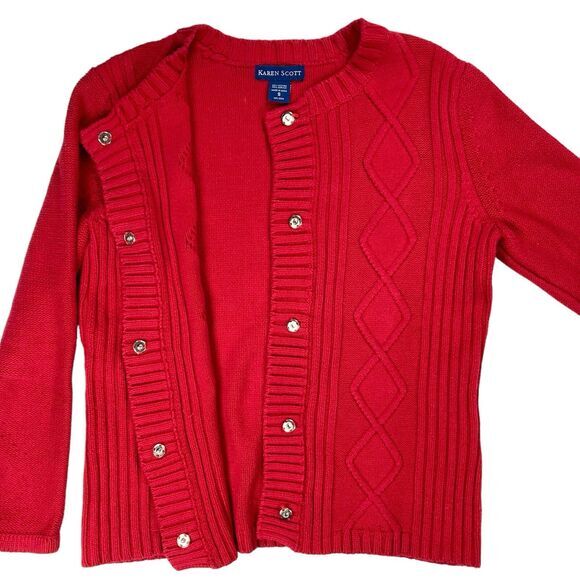 Karen Scott Cardigan Sweater Womens S Red Chunky Cable Knit Granny Cozy Academia - Picture 6 of 16
